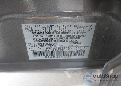 2025 Nissan Sentra Sv z USA, uszkodzony, nr VIN 3N1AB8CV6SY313621